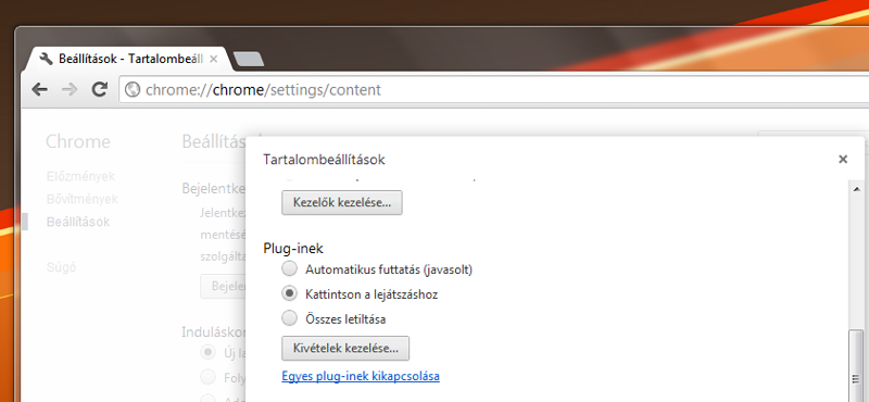 Click to Play funkció beállítása a Chrome-ban